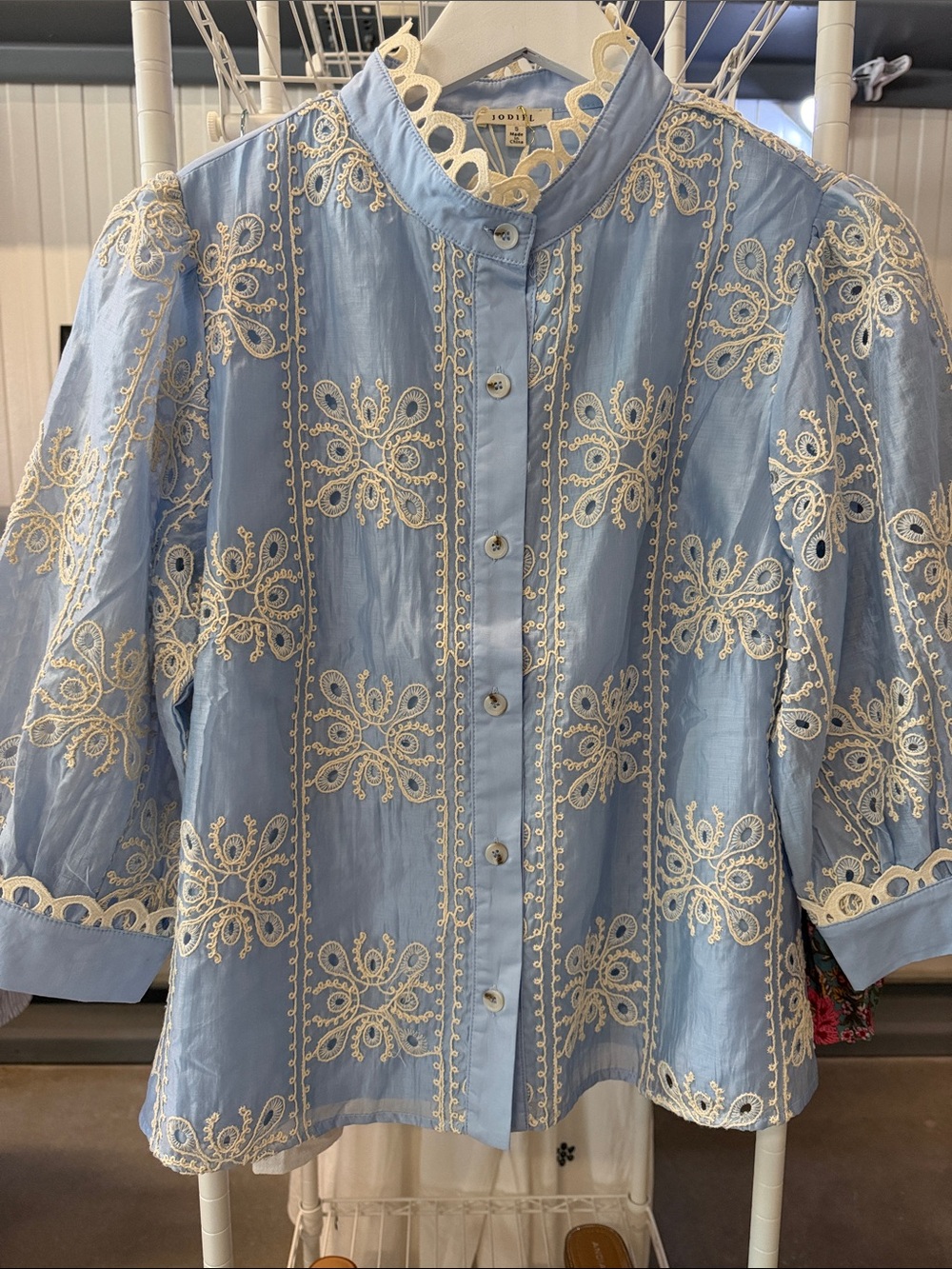 JODIFL Light Blue Button-Front Embroidered Blouse with Cream Lace